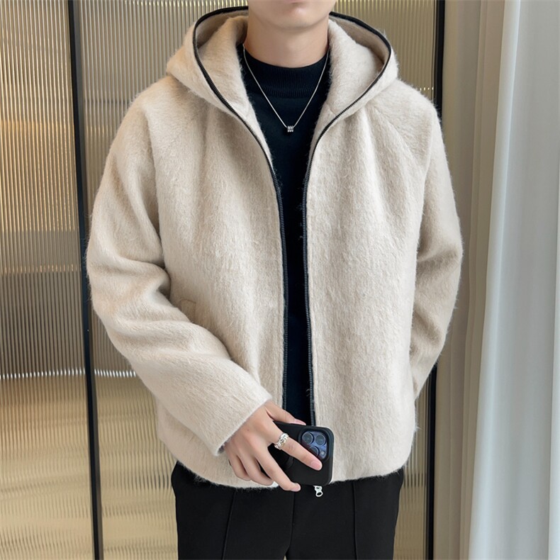 美式复古马海毛连帽男慵懒风高级感短款开衫针织夹克JK02563-P90图片