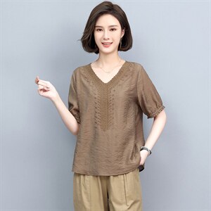 2022夏季新款V领宽松妈妈棉麻风小衫短袖t恤女上衣图片
