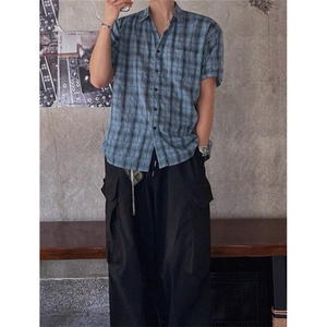 松弛感格子短袖衬衫男女夏季宽松速干翻领半袖衬衣外套 CS370图片