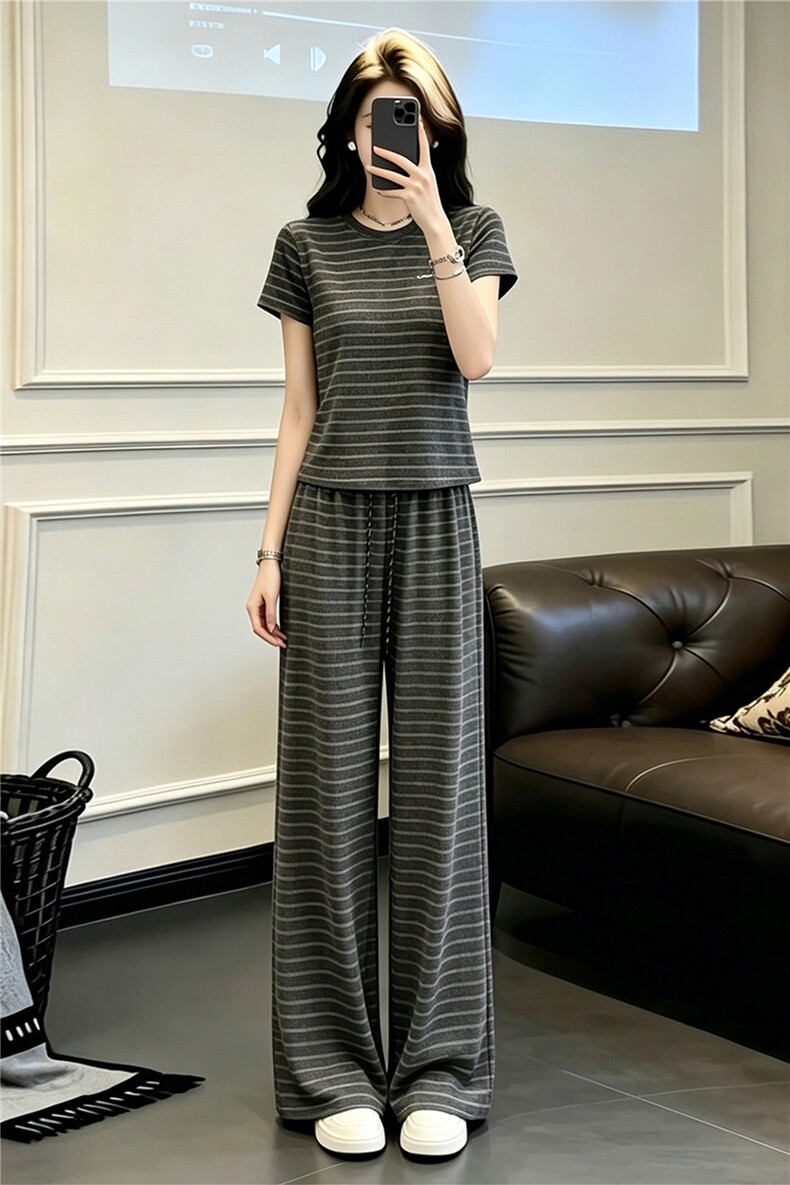 欧货时尚休闲套装女夏季新款圆领条纹撞色短袖上衣阔腿长裤两件套,女装套装/套裙,江南