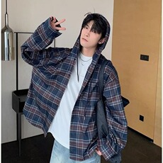 C260-P652025秋季新款复古慵懒宽松蓝色格纹连帽衬衫男休闲长袖，男装衬衫，电商B323A