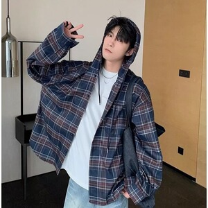 C260-P65 2025秋季新款复古慵懒宽松蓝色格纹连帽衬衫男休闲长袖图片