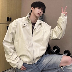 JK163-P67复古PU皮机车夹克男士短款早秋季宽松廓形宽垫肩立领，男装夹克，电商B323A