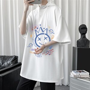 LD54180-P45 连帽短袖t恤男大码胖子带帽五分袖中袖图片