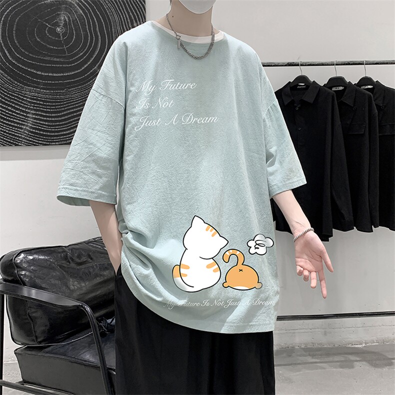 YT26357-P30 亚麻短袖t恤男大码五分袖男宽松七分袖 大皂风模特图片
