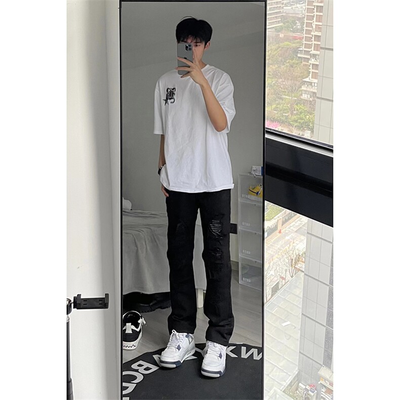 B221美式ins高街小众重工艺假破洞小脚牛仔裤LK23019-P60控78,男装牛仔裤,电商B221