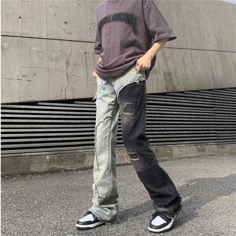 美式嘻哈高街vibe破洞毛边撞色拼接牛仔裤男ins潮牌直筒微喇裤子,男装牛仔裤,星座601-2