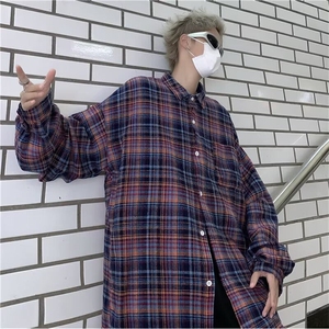 D798-P46美式复古蓝色格子衬衫男女宽松休闲百搭外套潮男生2025年图片