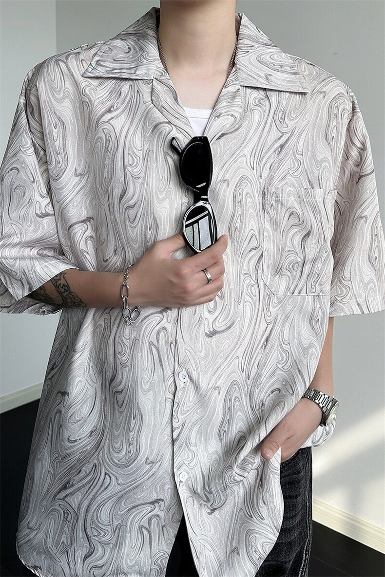 8XL-M冰丝古着感波浪纹短袖衬衫男宽松休闲沙滩古巴领衬衣CS528,男装衬衫,电商D206-1