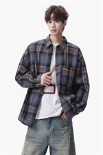 衬衫男春季新款港风宽松大码磨毛格子长袖衬衣CS618-P35，男装衬衫，星座214-3