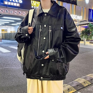 皮衣外套男高级感痞帅PU皮夹克美式复古机车服美拉德WM143-P75图片