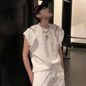 美式无袖t恤男痞帅潮牌设计感小众解构分割金属卡扣坎肩上衣 P45图片