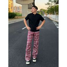 秋季新款美式复古红色格子裤男褶皱微喇直筒裤透气免烫休闲裤长裤，男装休闲裤，四季星座505