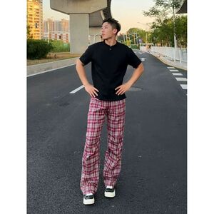 秋季新款美式复古红色格子裤男褶皱微喇直筒裤透气免烫休闲裤长裤图片