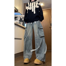 牛仔裤男飘带工装秋冬新款潮牌宽松直筒嘻哈裤子-A1430TP55控88，男装牛仔裤，电商B241