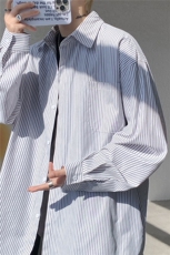 春夏条纹衬衫男长袖薄款痞帅高级感宽松慵懒风大码衬衣CS29003P45，男装衬衫，电商B312