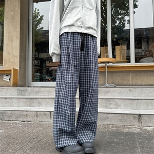 美式复古慵懒宽松撞色格子休闲裤男2024秋季百搭阔腿拖地长裤图片