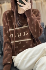 连帽100%纯羊毛衫卫衣女秋冬撞色亮丝毛衣长袖羊绒衫宽松针织帽衫，女装羊毛衫，邦太羊绒