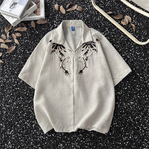 抖音品质夏款男V领短袖衬衫亚麻刺绣度假风短衬衣CS391 P45图片