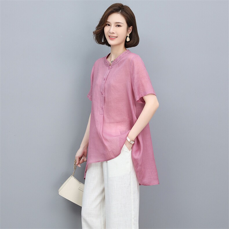 2023夏季新款简约时尚休闲舒适纯苎麻刺绣开衫上衣,女装衬衫,独衣靓