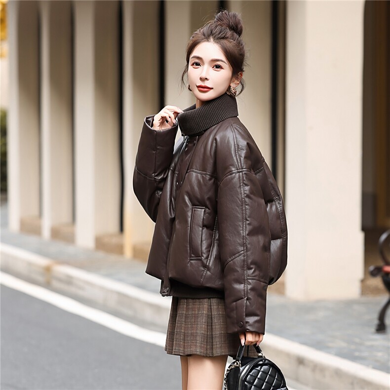 90绒时尚高潮流短款立领蛋白皮PU皮羽绒服外套女小个子冬季短外套,女装羽绒服,意芙