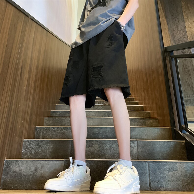 追尺码S-3XL长裤改短高街补丁毛边牛仔松紧腰XZ603-K324-P50控68,男装休闲裤,星座603