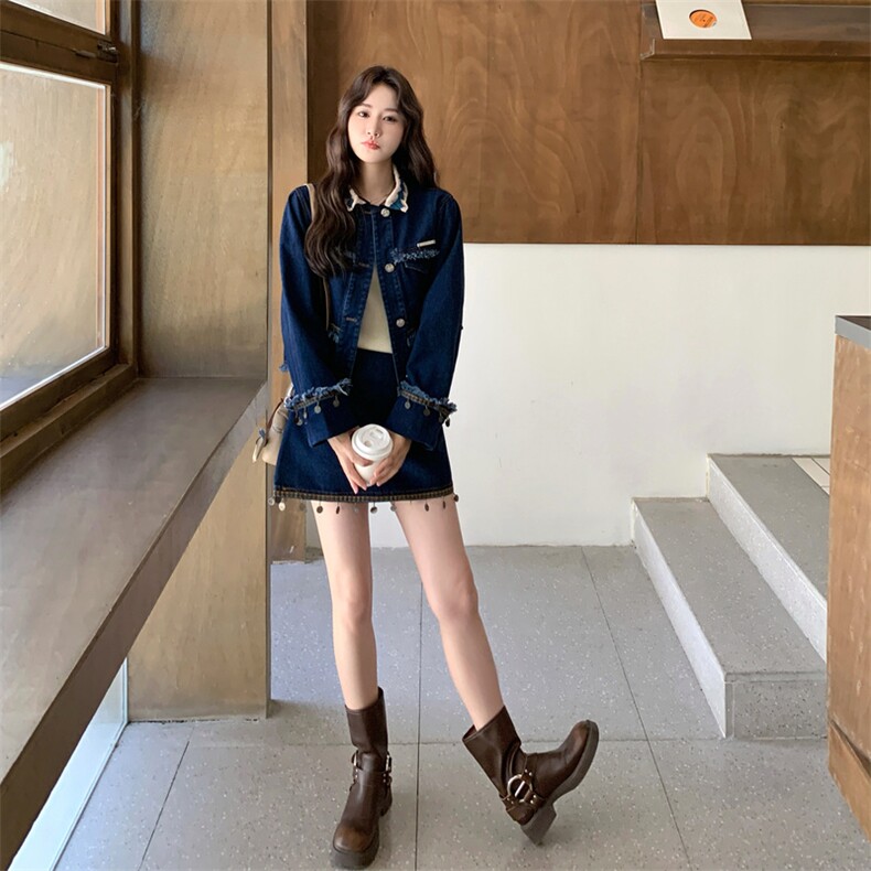 复古牛仔套装裙女秋季2025新款韩系小个子短款外套半身裙两件套,女装套装/套裙,2C230