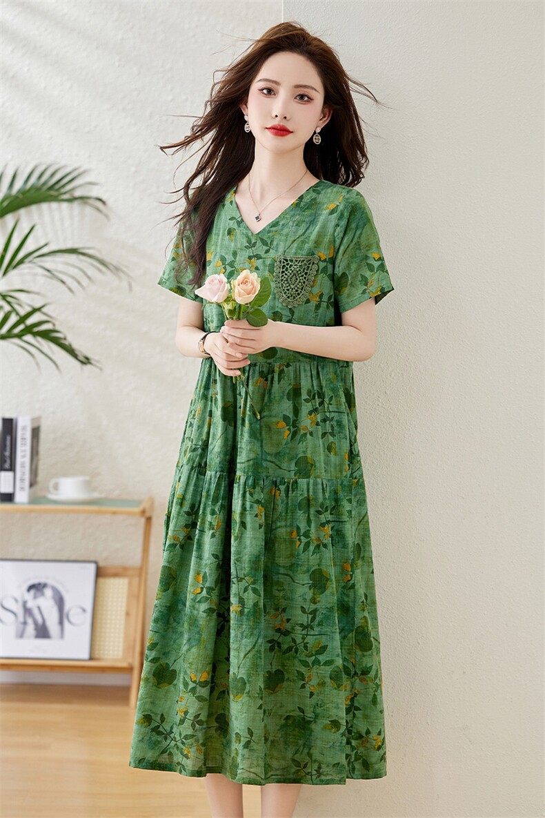 复古文艺绿色碎花棉麻连衣裙女2025夏季新款宽松显瘦舒适短袖裙子,女装连衣裙,倪叶myz