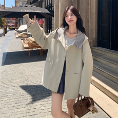 春现-韩系宽松甜酷风休闲拼接连帽短风衣B190-5066-P175-K248，女装短外套，2B190