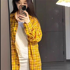 2025美式复古多巴胺黄色格子衬衫男女高街衬衣开衫长袖外套上衣，男装衬衫，星座506A