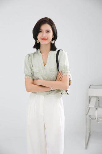 2021夏新款 时尚V领口袋花边设计 气质通勤减龄上衣,其它,秋子丰色(3F)