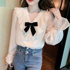 气质款配黑色蝴蝶结花边V领小衫，其它，L·H·X