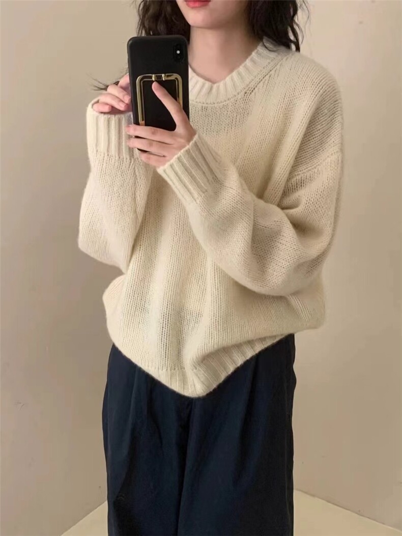 秋冬慵懒风软糯宽松短款小众毛衣韩版加厚圆领针织衫外穿图片