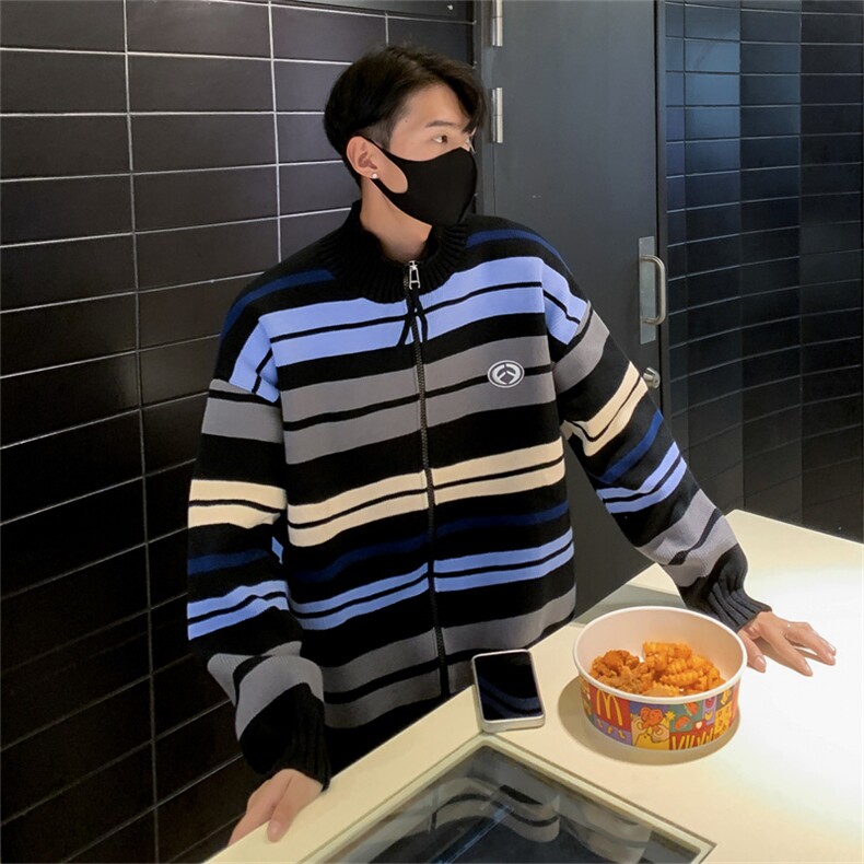 冬款男高领拉链毛衣条纹拼接开衫刺绣外套M5026P60,男装针织衫/毛衣,星座1013-1
