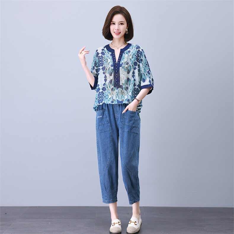 时尚拼接印花镶钻刺绣套装优雅显瘦气质女装舒适百搭两件套,女装套装/套裙,叶笙衣