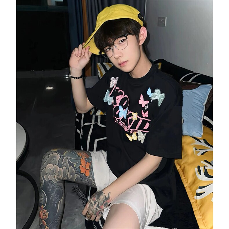 万针全刺绣工艺抖音得物高品质260克重磅纯棉双纱美式高街短袖T恤，男装T恤，电商A486