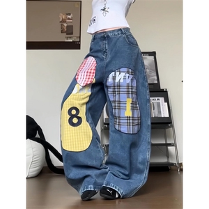 美式复古格子贴布刺绣水洗牛仔裤男女潮弯刀裤 S1014 P55图片