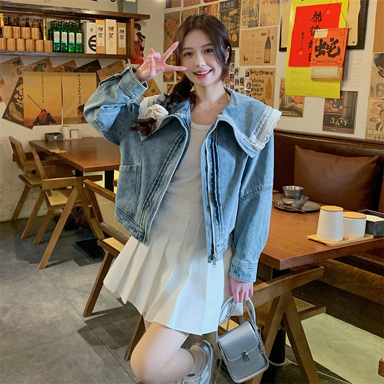 港风甜美蕾丝拼接牛仔外套女小个子2025春季新款短款钉珠翻领上衣,女装牛仔外套,蝶眷