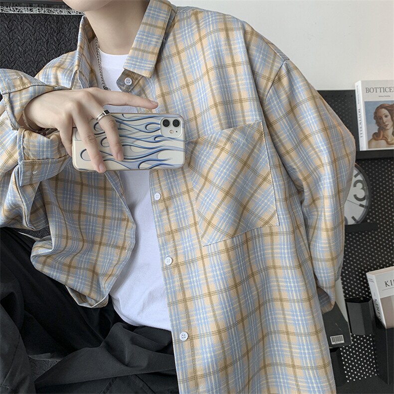 22秋冬新款港风男女百搭格子长袖衬衫宽松外套情侣ins潮H210/P45,男装衬衫,钱塘713