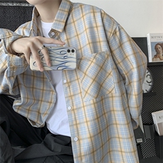 22秋冬新款港风男女百搭格子长袖衬衫宽松外套情侣ins潮H210/P45，男装衬衫，钱塘713