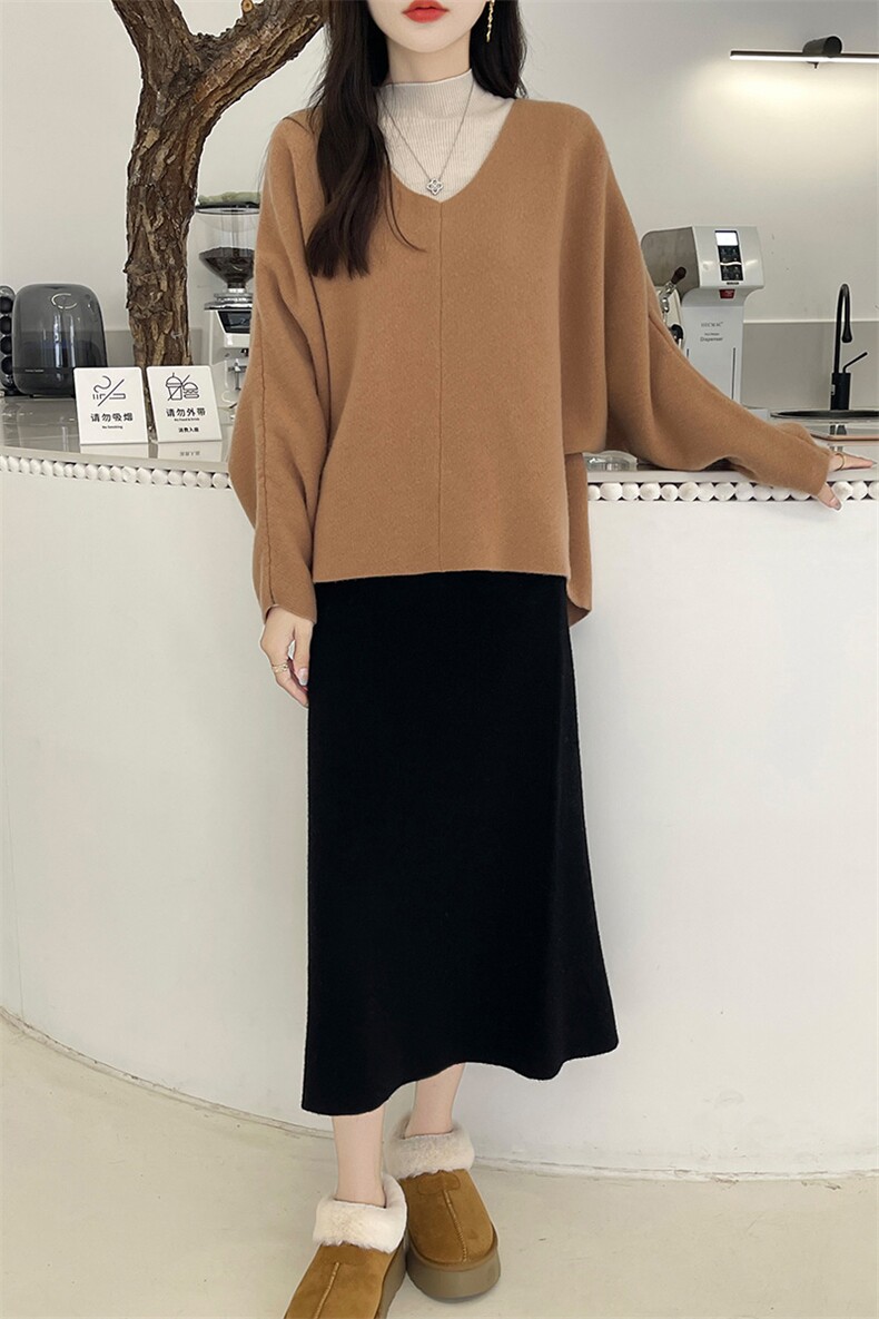 韩版高级感V领100%羊绒套装女慵懒宽松大码蝙蝠袖毛衣开叉半身裙,女装套装/套裙,美雪羊绒