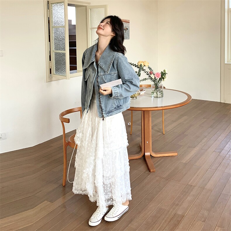 复古牛仔蓝翻领短款牛仔上衣+白色蕾丝半裙2025新L509P230K299,女装短外套,2C220