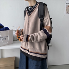 秋冬新款港风撞色V领毛衣男女同款情侣日系套头针织衫W08/P65，男装针织衫/毛衣，钱塘713