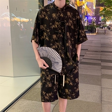2025夏季新中式冰丝垂感花衬衣宽松休闲五分套装男TZ655-P58控78，男装休闲套装，电商C305A