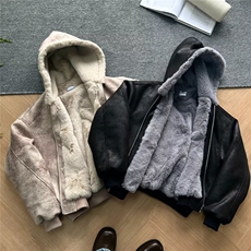 网图霜冻裂纹皮连帽座山雕PU皮外套棉服男W1796/特P130，男装棉衣，电商B350