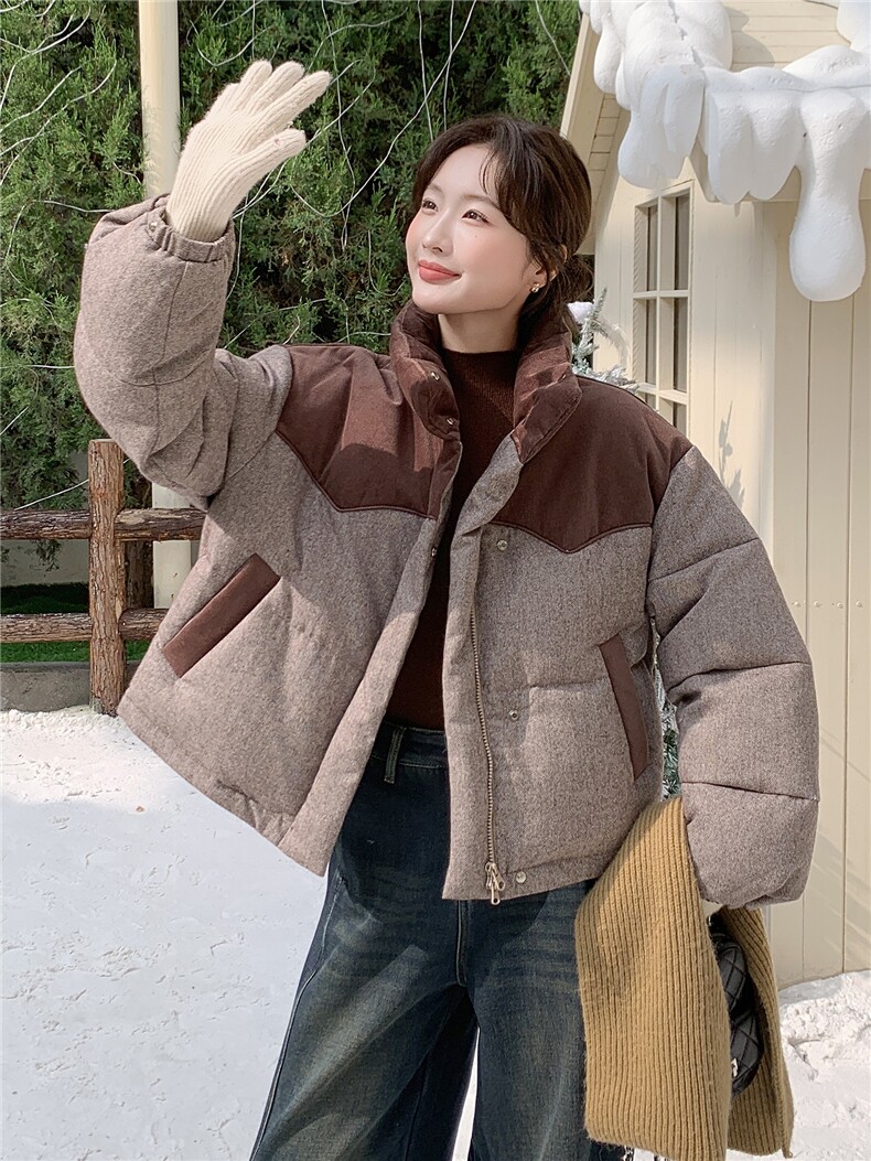 欧货高端拼接撞色羽绒服女冬季2025新款加厚保暖立领白鸭绒短外套,女装羽绒服,琦鑫阁（原依鑫阁）