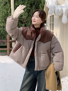 欧货高端拼接撞色羽绒服女冬季2025新款加厚保暖立领白鸭绒短外套图片