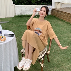 法式减龄慵懒风T恤连衣裙女2025夏季新款韩版宽松显瘦甜美长裙子，女装连衣裙，2C206