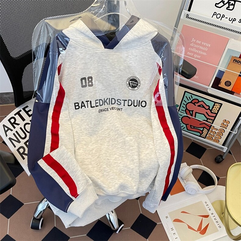 撞色插肩袖连帽卫衣女2025秋季新款宽松bf美式复古情侣上衣,男装卫衣,星座506B