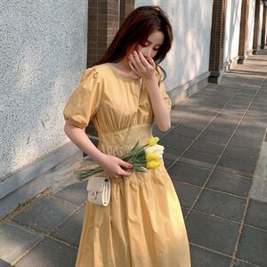2025夏装新款中长款修身显瘦短袖连衣裙修身圆领裙子女装长裙甜美图片